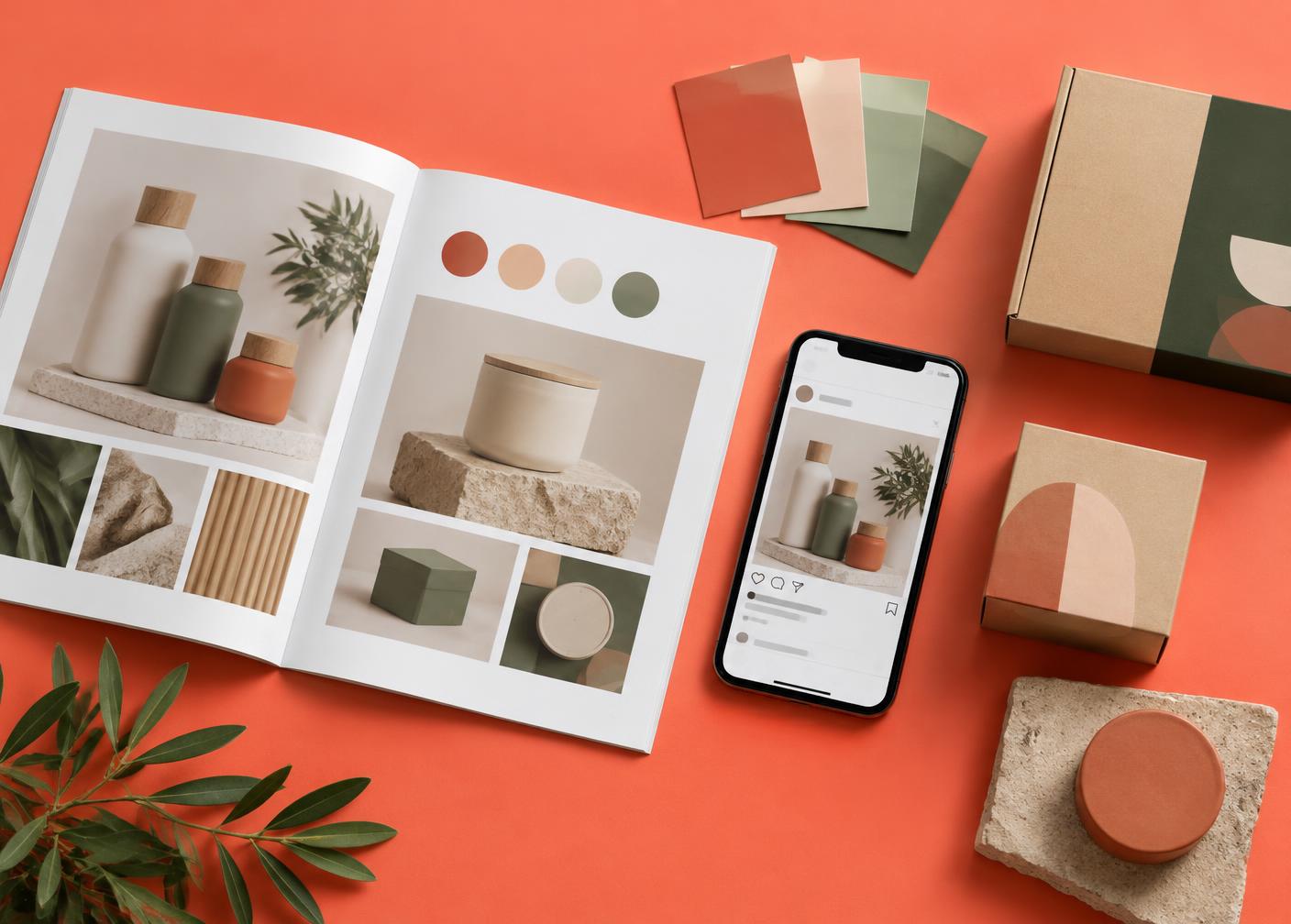 Catalogue, packaging and digital brand assets on a coral surface