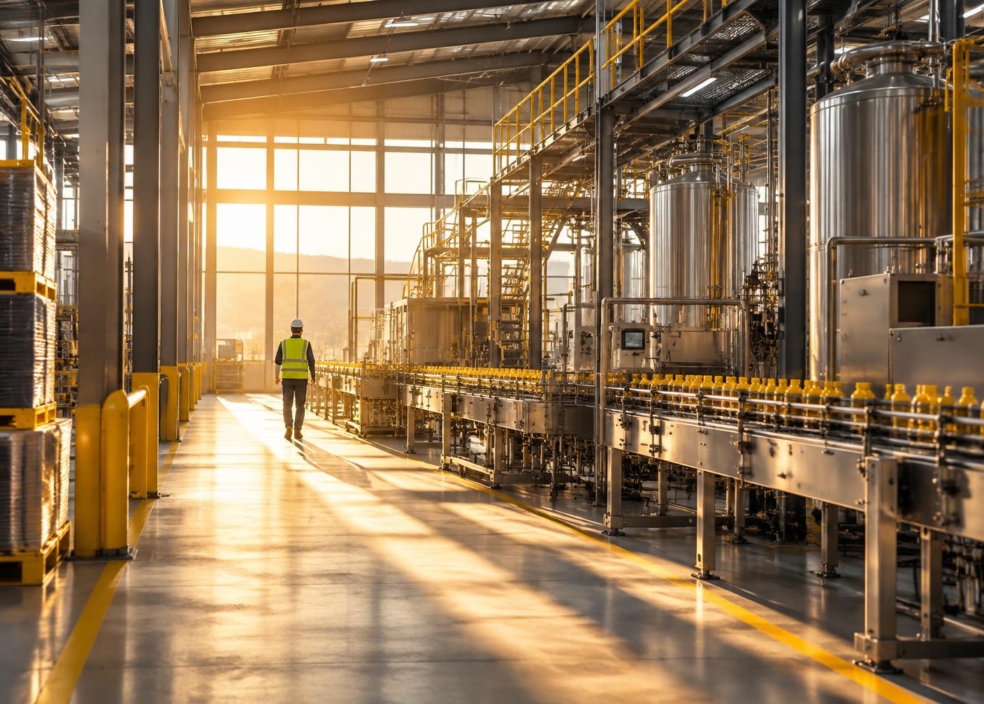 Modern manufacturing facility in warm evening light