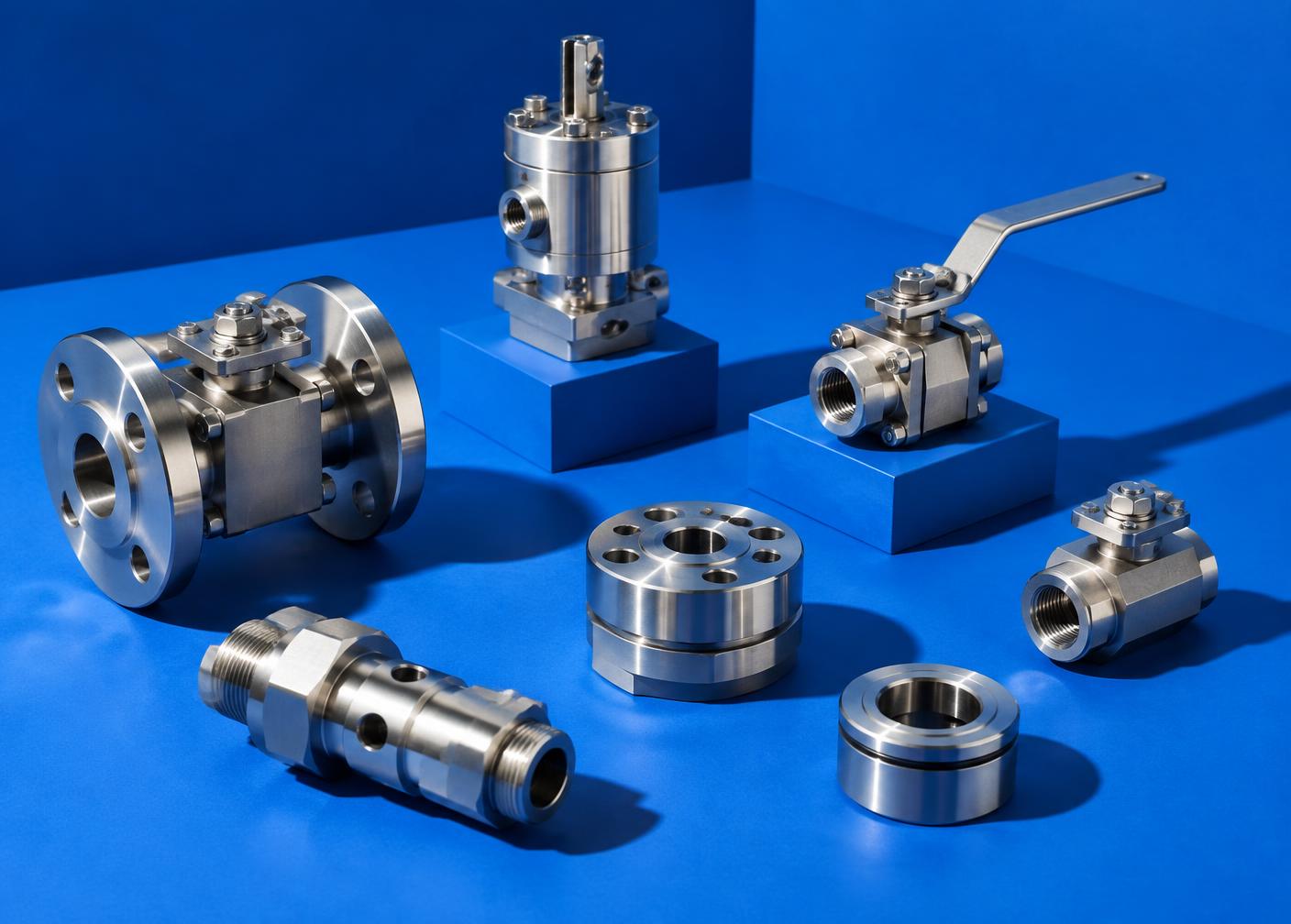 Precision metal components photographed on a cobalt blue set