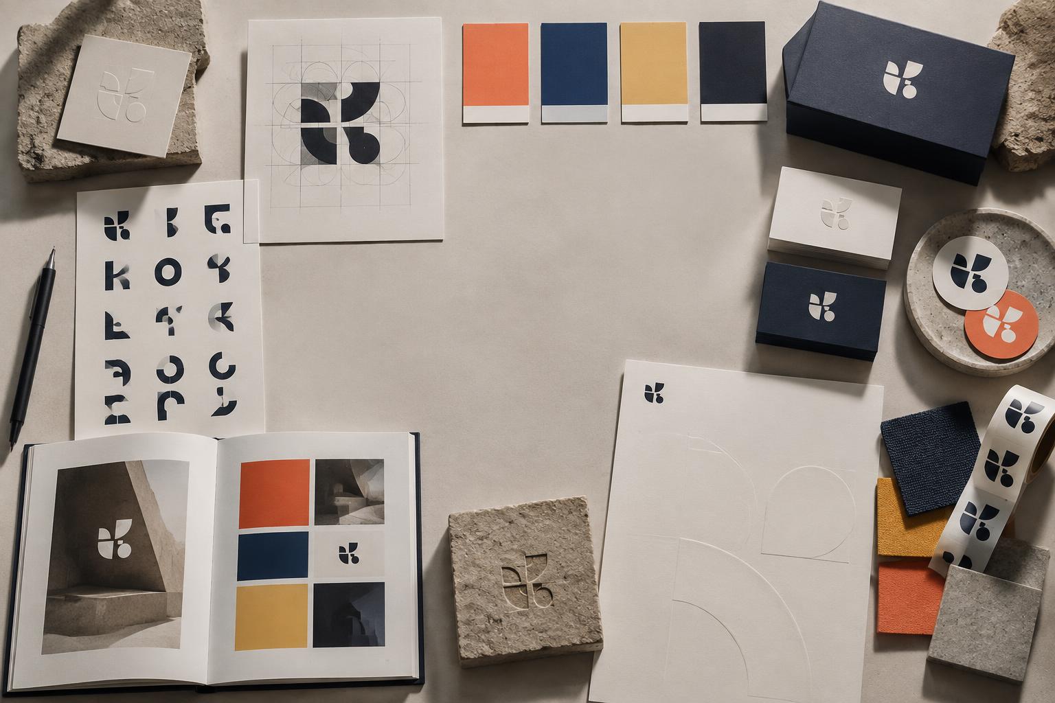 A complete brand identity system arranged on an art director's table