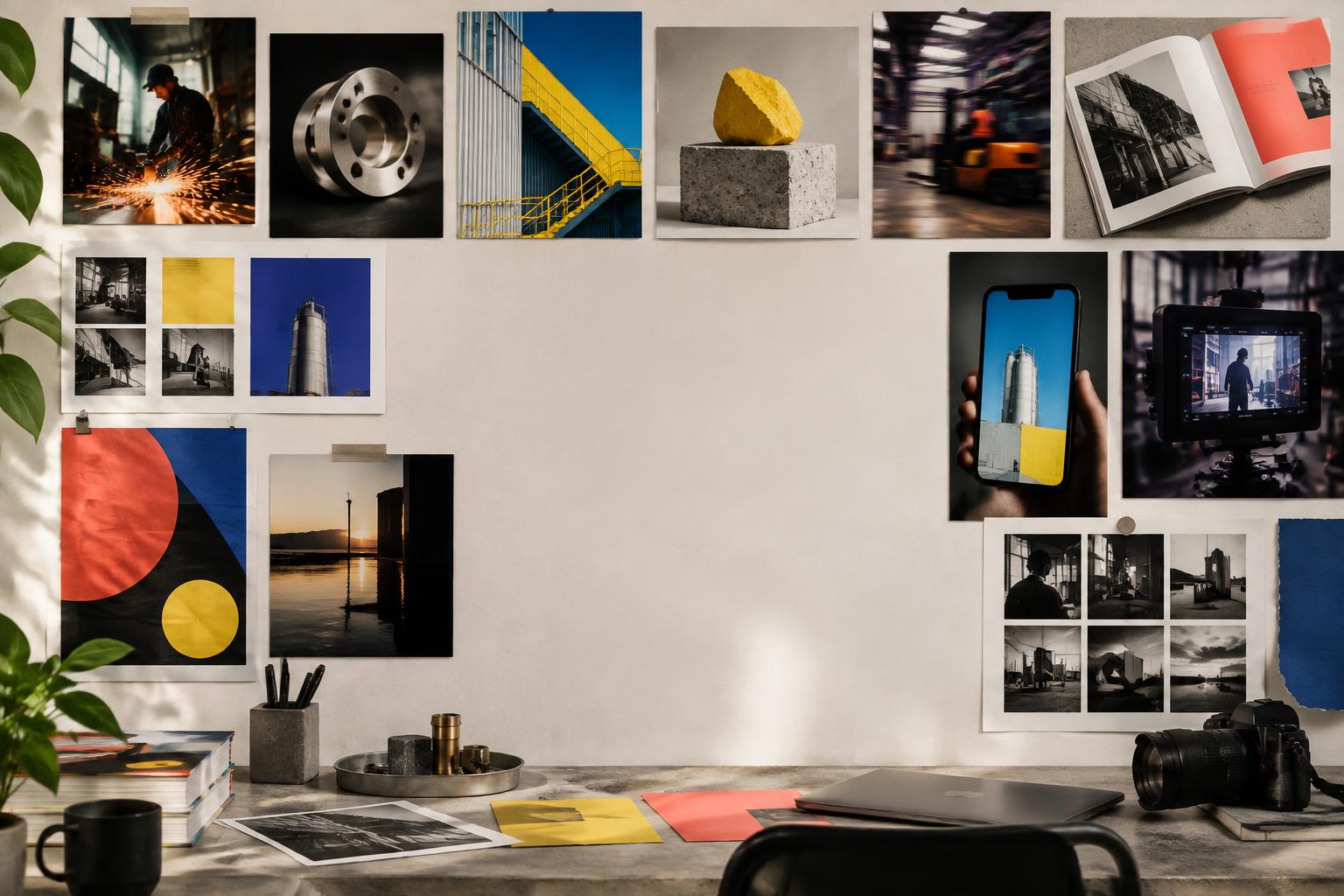 A creative studio wall filled with varied campaign media