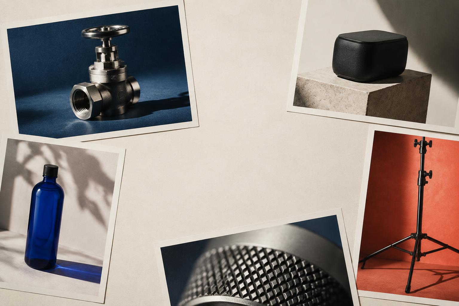 A studio contact sheet showing products from several industries